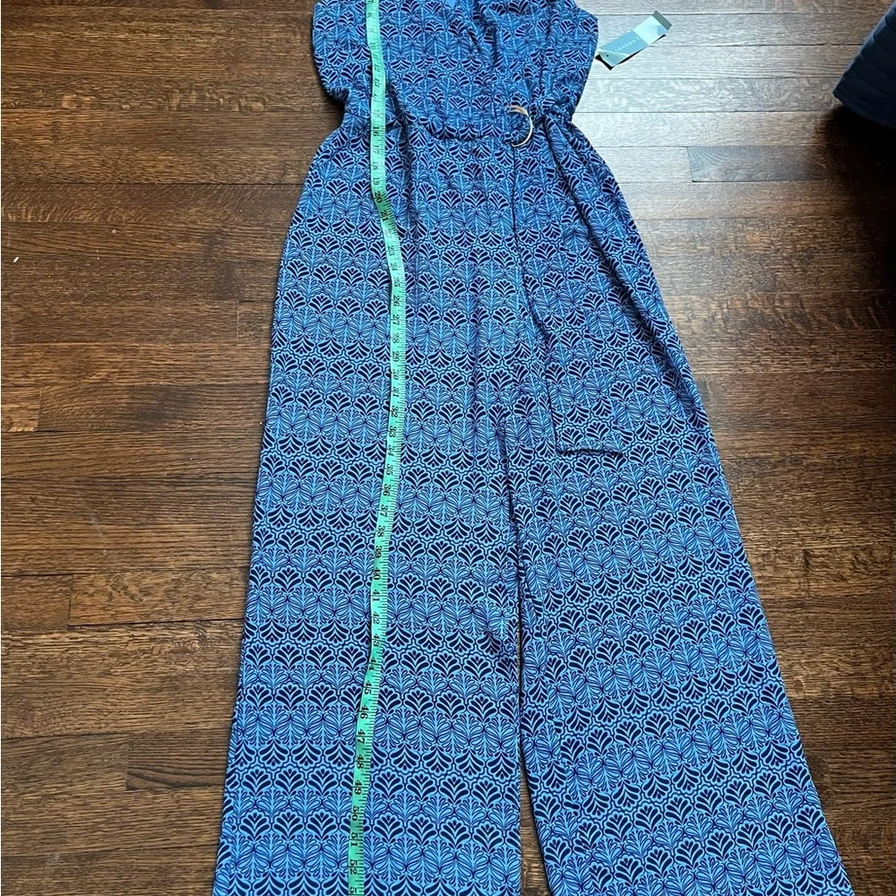 London Times blue with print wrap look sleeveless jumpsuit. Size 8
